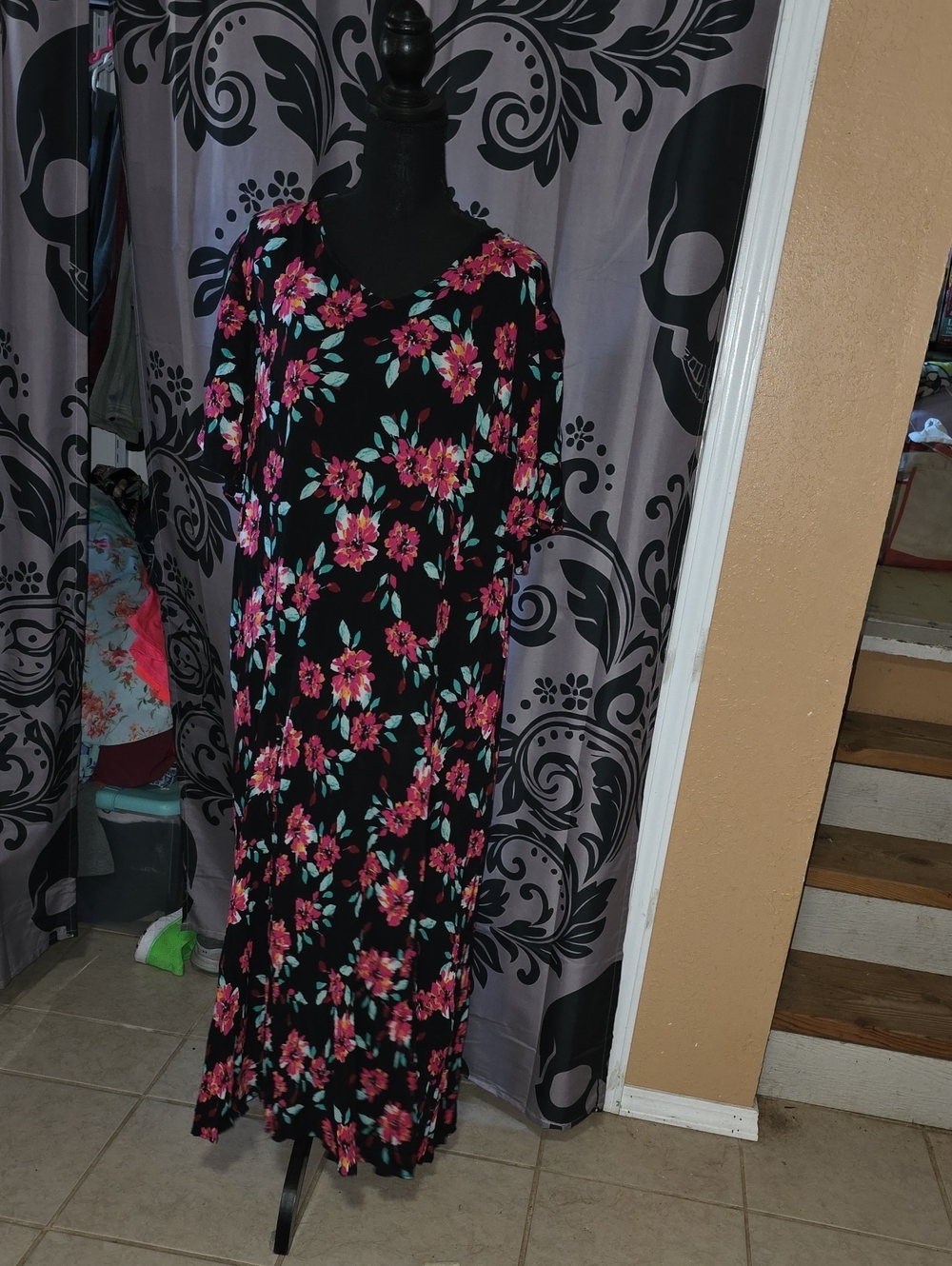 Woman Within Black Maxi Dress with Pink Floral Print